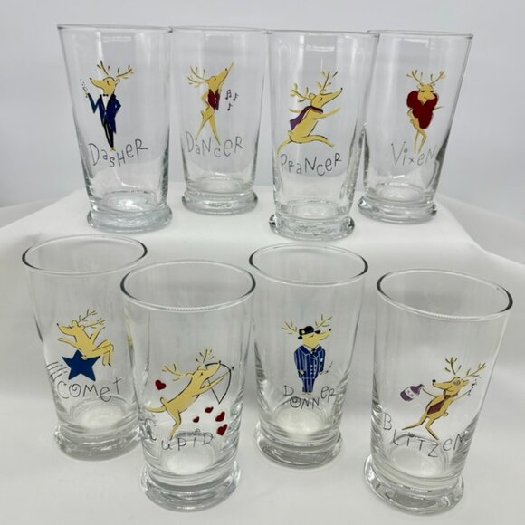 Vintage Pottery Barn Santa's Reindeer 10 Oz. Drinking Glasses Tumblers Set of 8! - Picture 10 of 10
